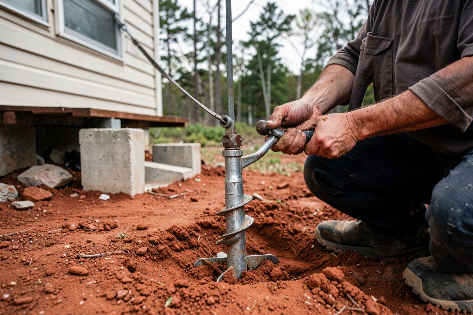 Ground anchors and tie-down straps being installed under a set mobile home