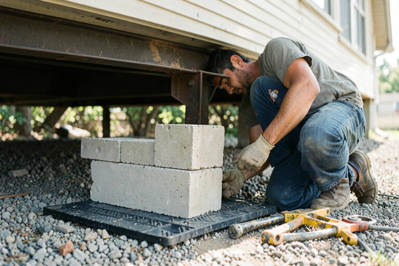 A worker stacking solid concrete blocks under the I-beam of a single-wide
