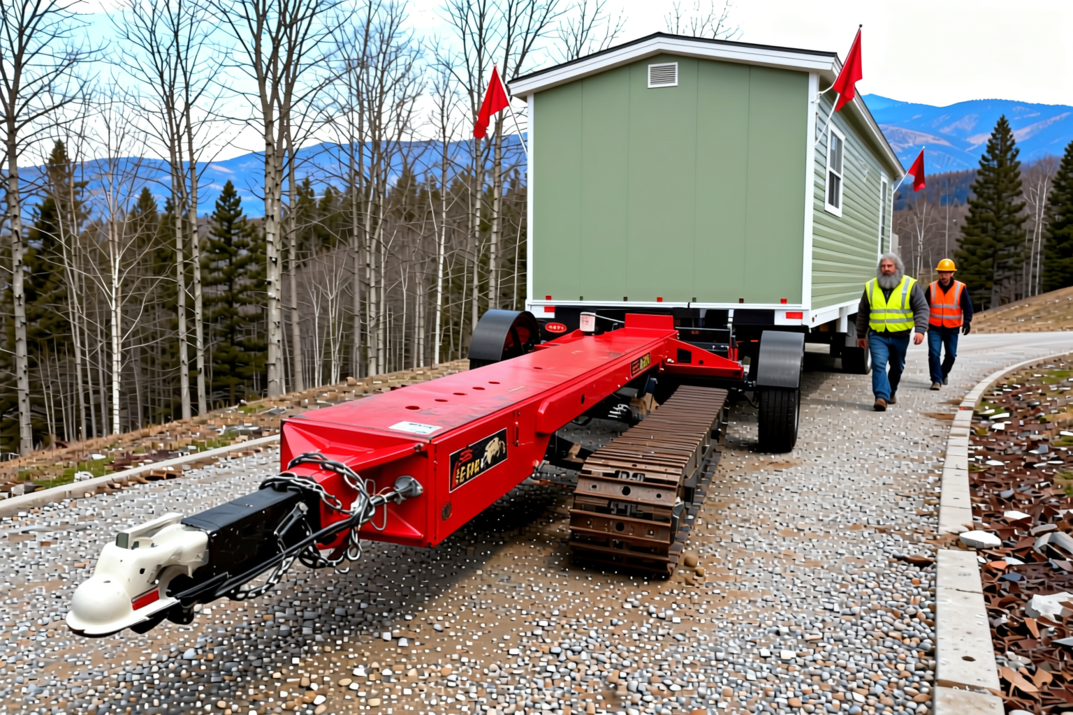 A tracked home mover with its beam under a single-wide on a gravel driveway